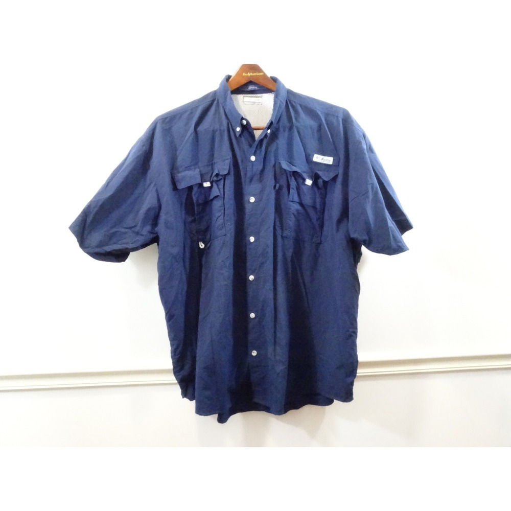 Columbia PFG Bahama Fishing Shirt XXL Navy Blue Short Sleeve Nylon Button Up